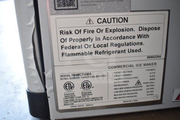 BRAND NEW 2026 Avantco 194MCF430A Commercial Ice Machine, 397 lb., 115V, 1 Phase, scratch and dent, caution label visible.