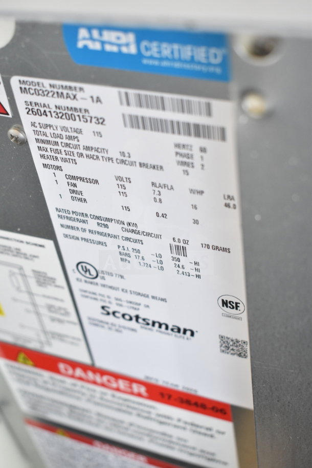 Brand new Scotsman MC0322MAX-1A ice machine label, 22" air-cooled, 362 lb capacity, 115V, UL and NSF certified.