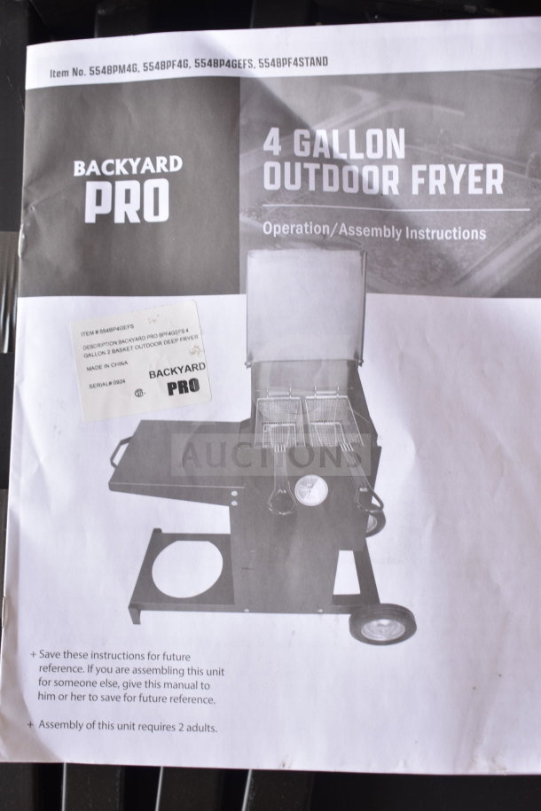 BRAND NEW Backyard Pro 4 Gallon Steel Propane Deep Fryer, 90,000 BTU, scratch and dent, includes manual and assembly details.