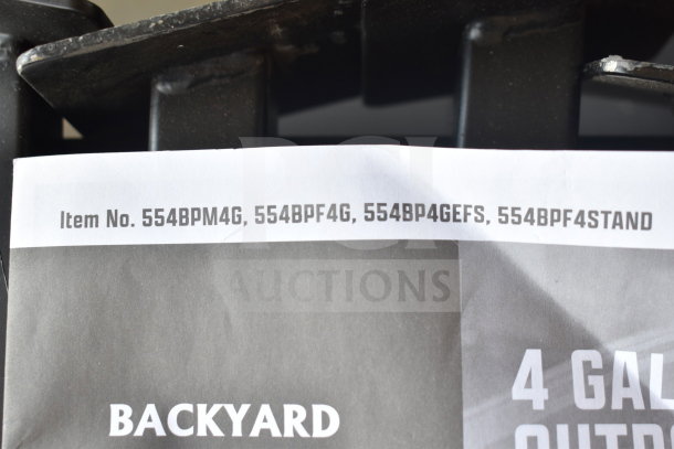Backyard Pro 4 Gallon Steel Propane Outdoor Deep Fryer label, item number 554BP4GEFS, 90,000 BTU, new scratch and dent.
