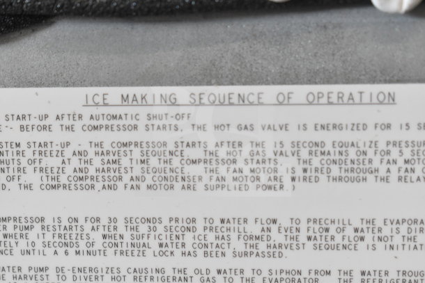 Label displaying ice making sequence for Manitowoc UDP0080A-161 ice machine, detailing operation steps and settings.