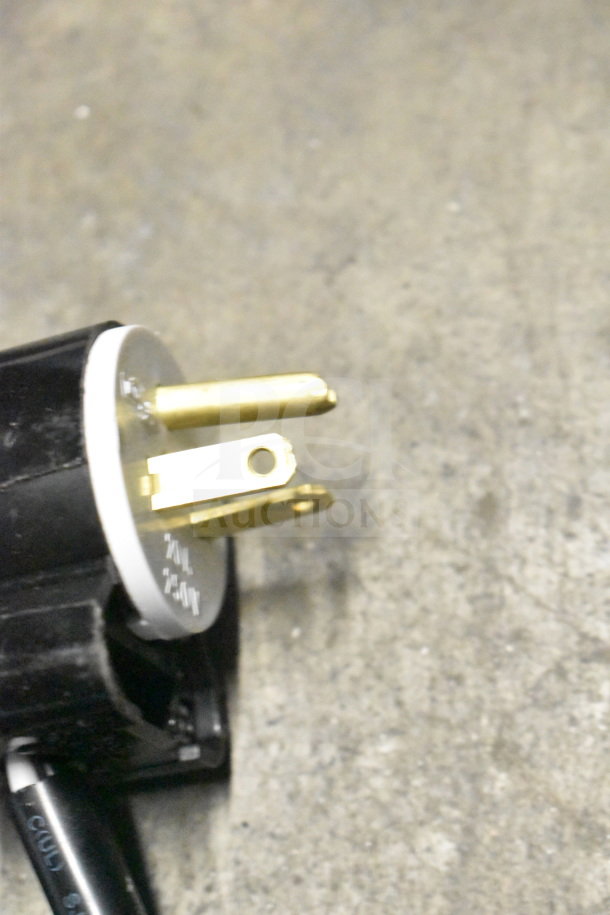 Close-up of a power plug for Avantco 177EG30N 30" Electric Countertop Griddle, showing gold prongs and black casing.