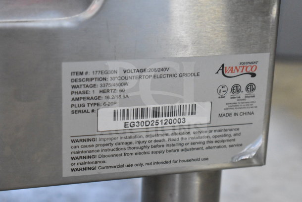 Avantco 177EG30N 30" electric countertop griddle, 208/240V, 1 phase, serial EG30D25120003, warnings and electrical details visible.