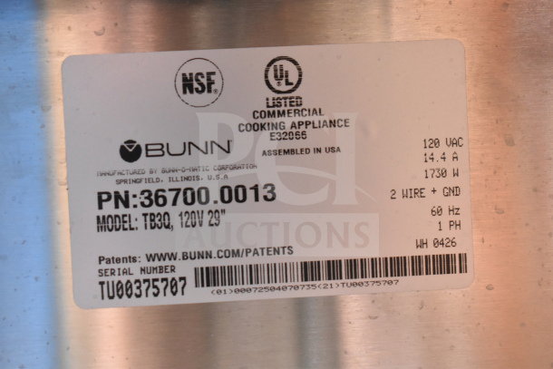 Bunn TB3Q 3 Gallon Iced Tea Brewer label showing model TB3Q, 120V, 1730W, NSF and UL listed, serial TU00375707.