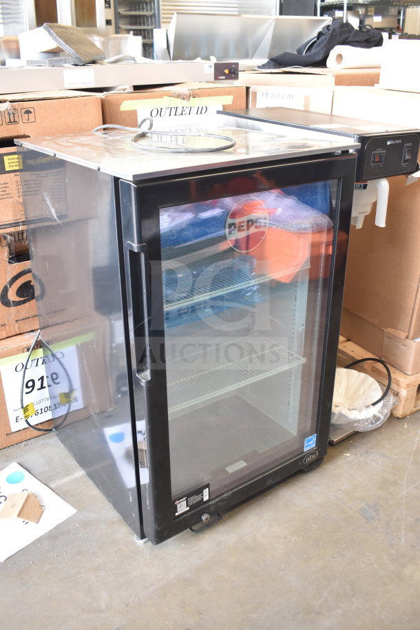 IDW G-4.35SS-N234B Mini Cooler Merchandiser, glass door, black frame, visible shelving, Pepsi branding, used condition.