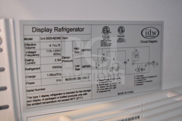 IDW G-4.35SS-N234B Mini Cooler Merchandiser label showing specifications: 110-120V, 1 Phase, 4.7 cu. ft., indoor use.
