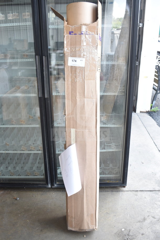 Roll of brown paper in tall box, marked "Scratch and Dent," slightly damaged packaging, auction tag "174" visible.