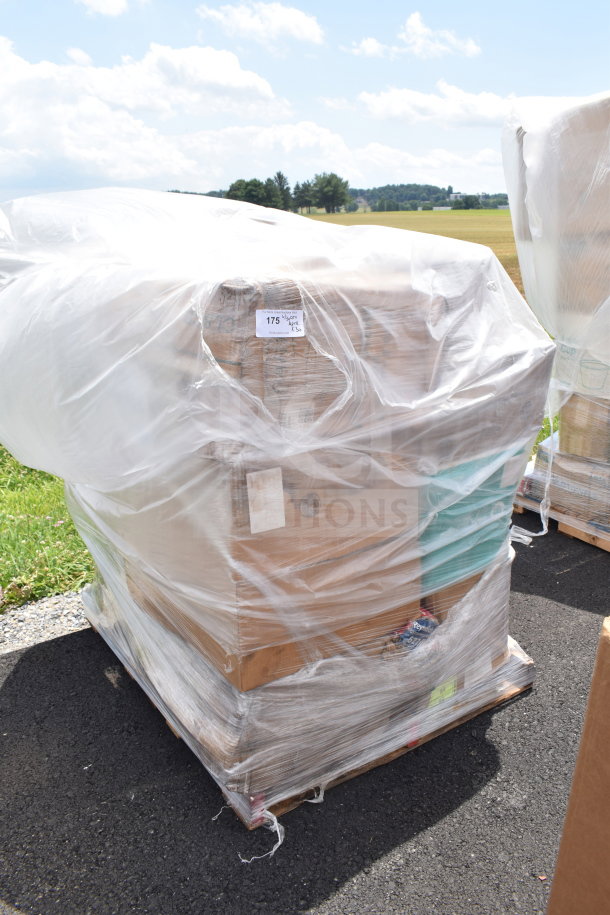 Pallet with 30 new scratch and dent items, including plates, wrapped in plastic. Auction tag attached showing lot 175.