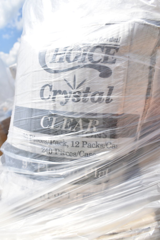 Plastic-wrapped pallet of Choice Crystal Clear plates, 30 new scratch and dent items, 240 pieces per case.