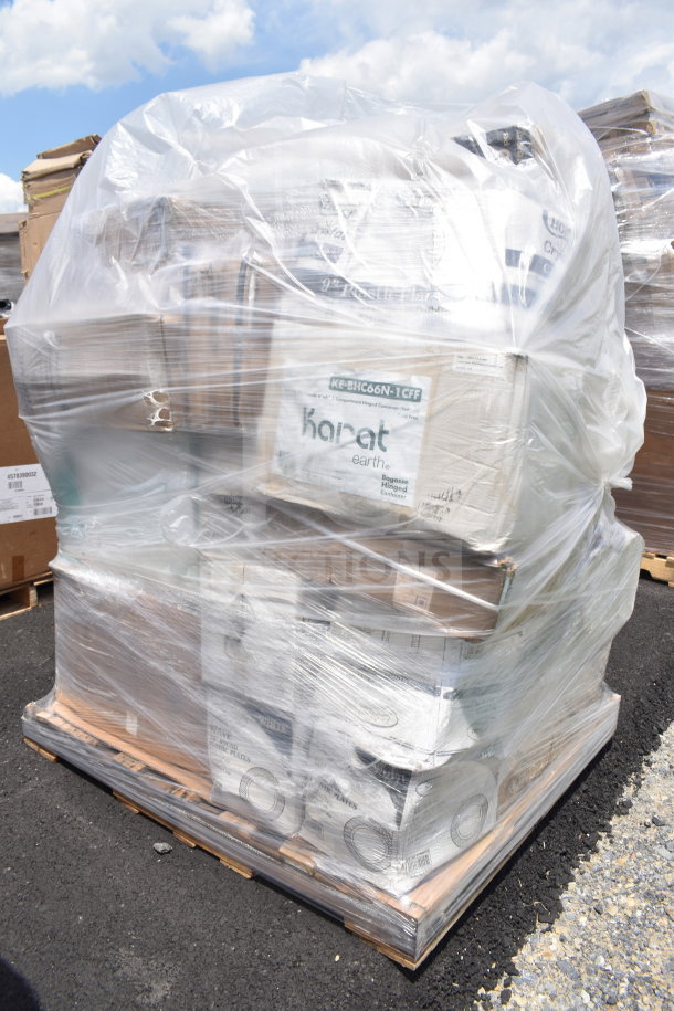 Plastic-wrapped pallet with 30 brand new scratch and dent items, including plates in original packaging. Brand labeling visible.