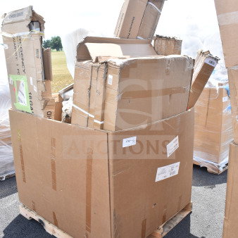 Box of 14 scratch and dent items including sinks and wall shelves on a pallet. Visible shipping labels and markings.