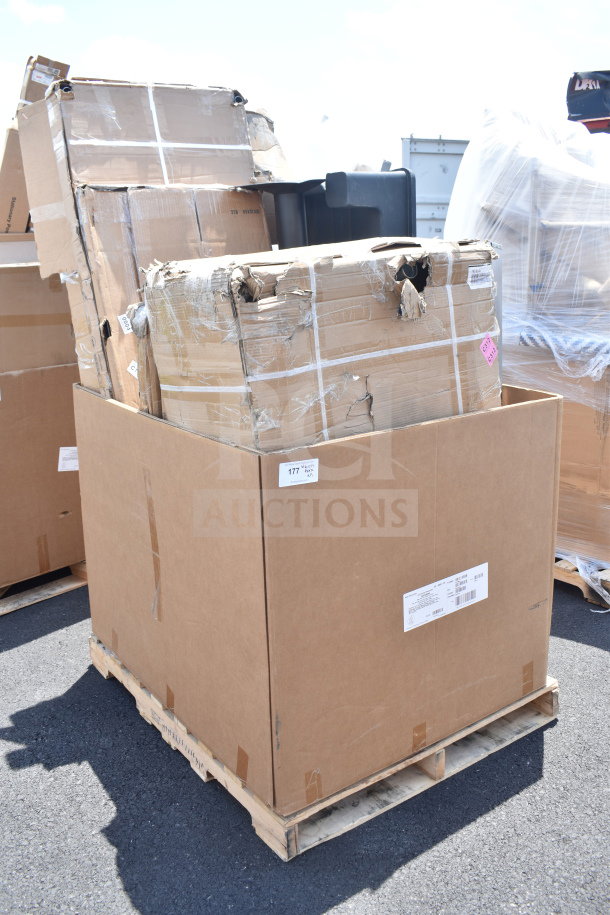 Large cardboard box on pallet containing 11 brand new scratch and dent items, including dish table and dunnage rack, labeled "177 PK".