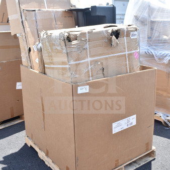 Large cardboard box on pallet containing 11 brand new scratch and dent items, including dish table and dunnage rack, labeled "177 PK".