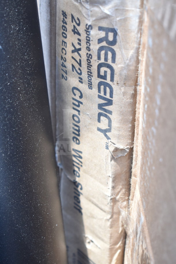 Regency Space Solutions 24"x72" Chrome Wire Shelf box, showing minor wear and tear on packaging.