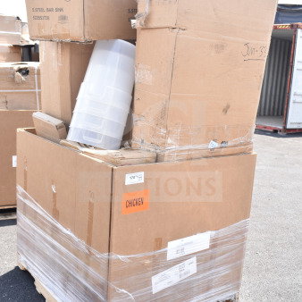 Large pallet with cardboard boxes of mixed kitchen items, labeled "Steelton NSF" and "CHICKEN." Includes door and steam table pans.