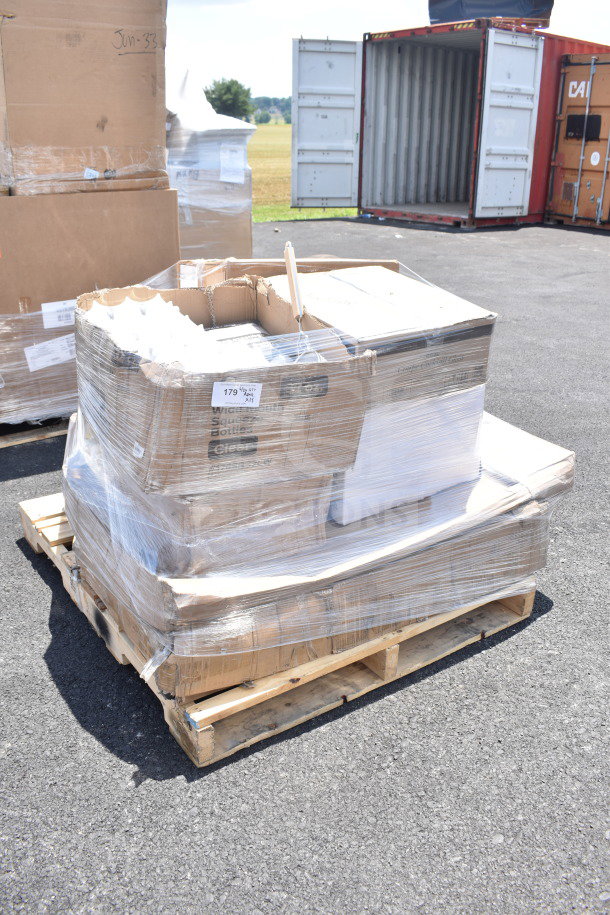 Pallet of 15 brand new scratch and dent items, including wide mouth bottles and umbrella base, wrapped in plastic.