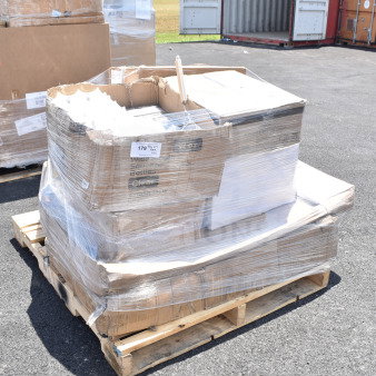 Pallet of 15 brand new scratch and dent items, including wide mouth bottles and umbrella base, wrapped in plastic.
