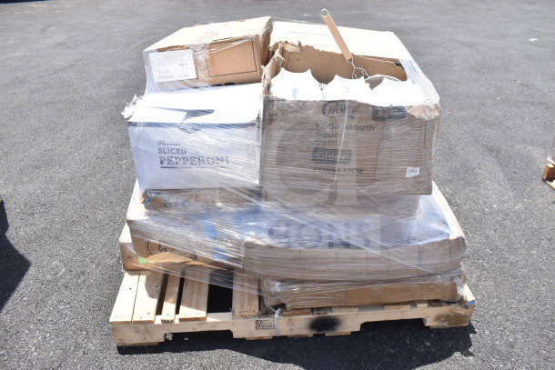 Pallet with 15 new scratch and dent items, including wide mouth bottles and umbrella base, wrapped in plastic. Box labels visible.