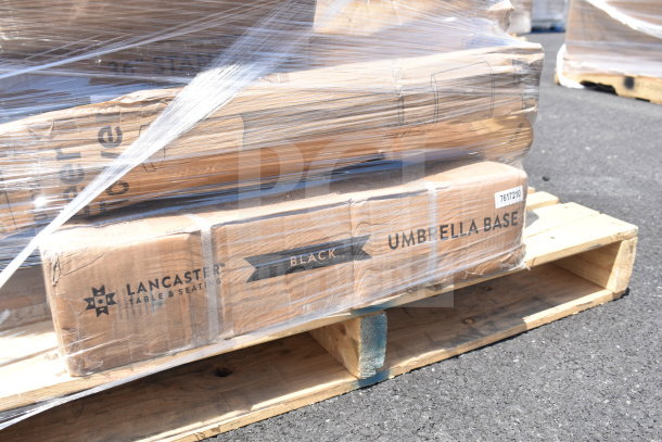 15 new scratch and dent items, including Lancaster umbrella base, wide mouth bottles, wrapped on pallet.