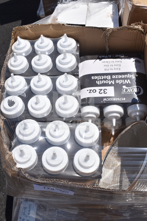 15 brand new 32 oz. Wide Mouth Squeeze Bottles by Choice in original packaging, part of scratch and dent auction.