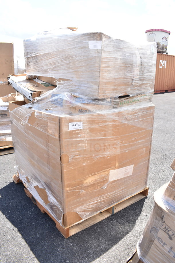 Shrink-wrapped pallet with 20 new scratch and dent items, including beverage dispenser, visible in cardboard boxes.