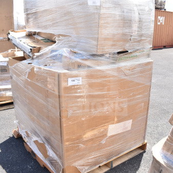 Shrink-wrapped pallet with 20 new scratch and dent items, including beverage dispenser, visible in cardboard boxes.