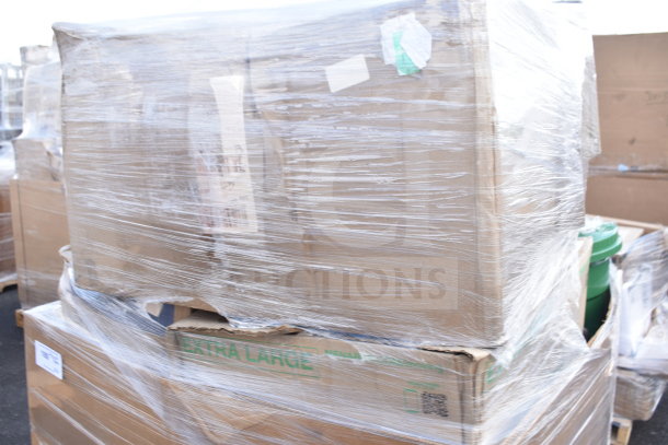 Plastic-wrapped pallet of 20 brand new scratch-and-dent items including a beverage dispenser and under shelf.