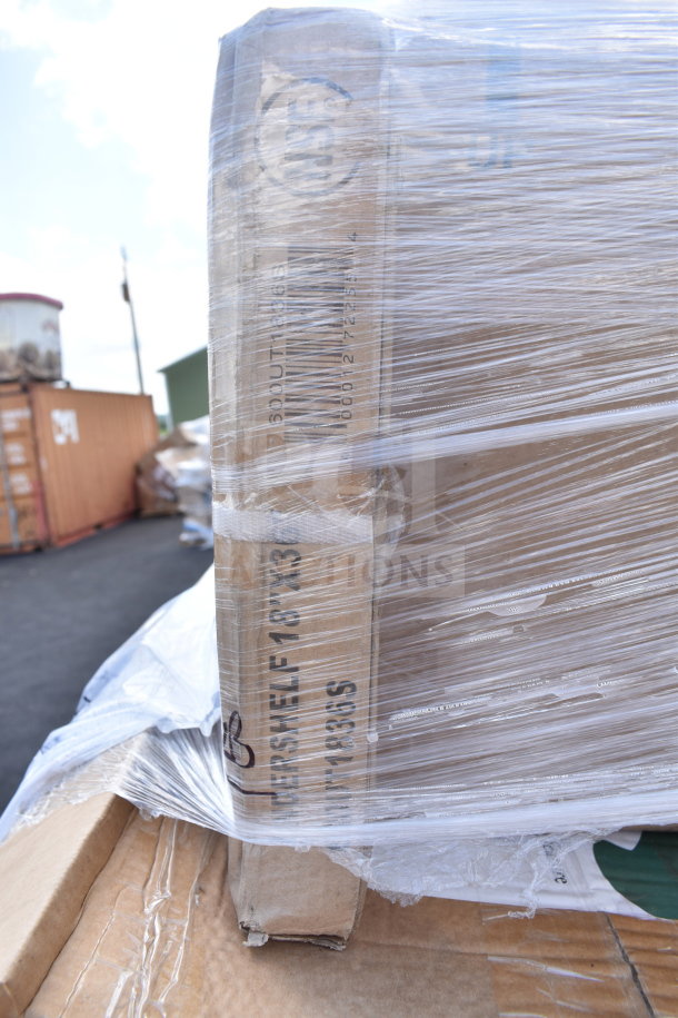 Pallet of 20 brand new items wrapped in plastic, including a beverage dispenser and undershelf, labeled "UNDERSHELF 18X36".