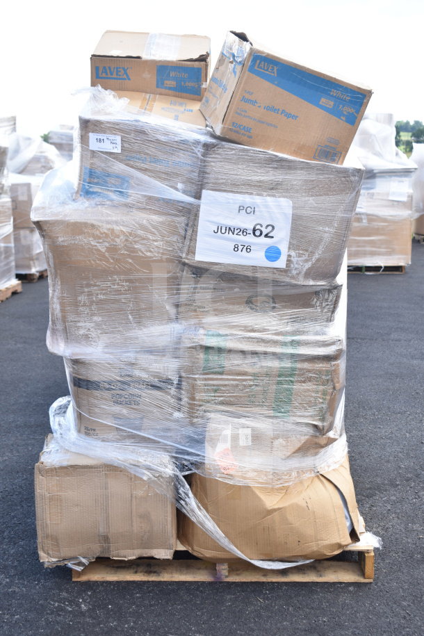Pallet of 19 new scratch and dent items wrapped, includes Lavex toilet paper, packaging bags, rolls, meat trays. Lot JUN26-62.