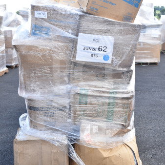 Pallet of 19 new scratch and dent items wrapped, includes Lavex toilet paper, packaging bags, rolls, meat trays. Lot JUN26-62.