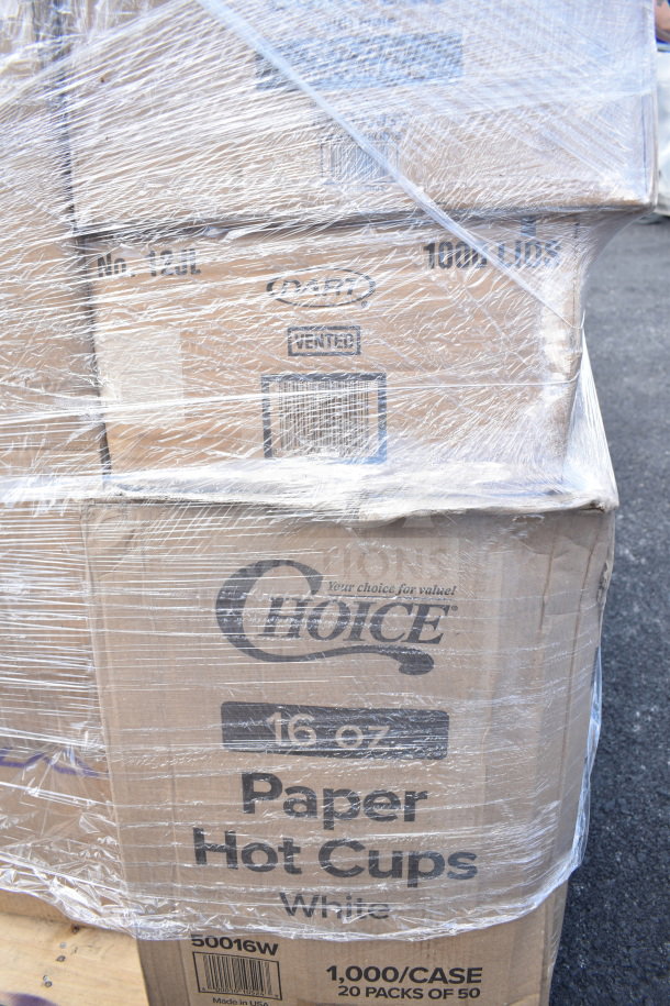 Pallet of wrapped boxes containing 16 oz Choice paper hot cups, labeled 1,000/case, with visible barcode.