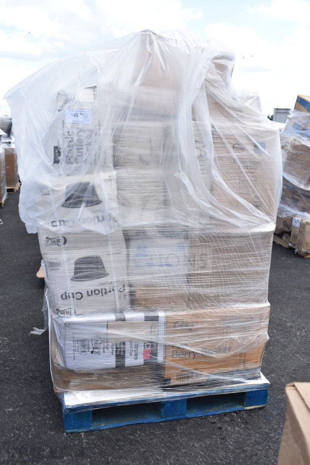 Pallet with 30 new scratch and dent items, including portion cups and produce baskets, wrapped in plastic for auction.
