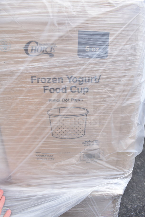 30 brand new scratch and dent items including Choice 6 oz frozen yogurt food cups, polka dot paper design, 1000 per case.