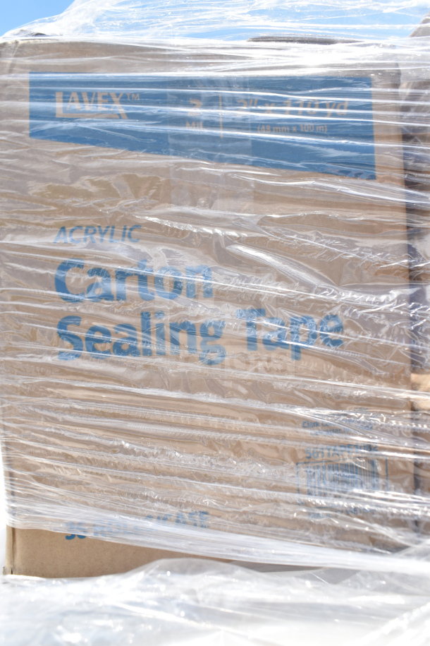 Stacked boxes of Lavex acrylic carton sealing tape wrapped in plastic.
