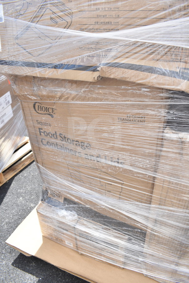 Palette of 22 new scratch and dent items, including Choice food storage containers, wrapped in plastic.
