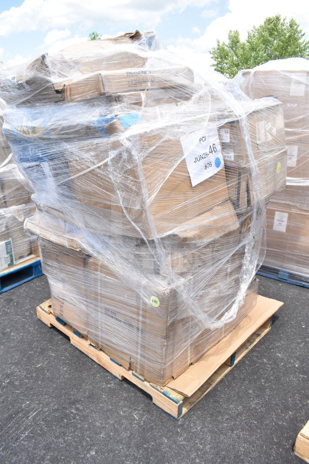 Pallet of 22 brand new scratch and dent items, including knives and plates, wrapped in plastic. Tag reads "JUN26-46 876."