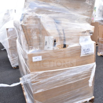 Pallet with 12 new scratch and dent items including shelf kit and security cage, wrapped in plastic. Boxes show labels and markings.