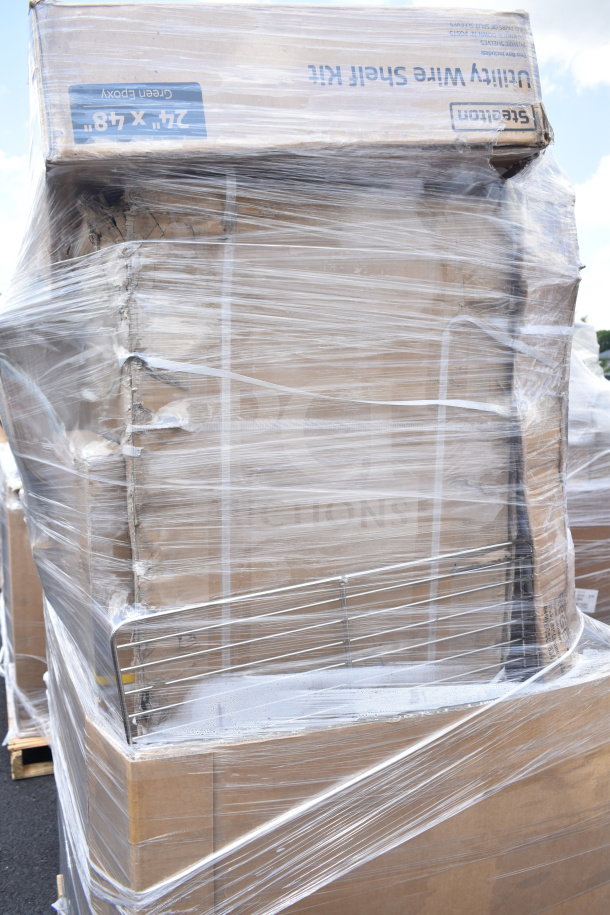 Pallet of 12 new scratch and dent items, including Seville Classics utility wire shelf kit. Wrapped in plastic, visible damage on boxes.