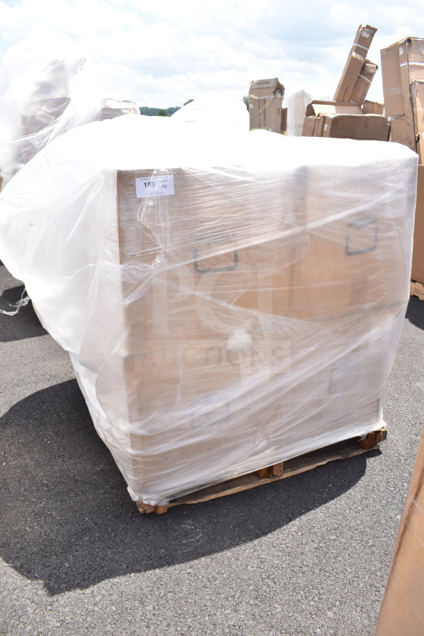Pallet with 8 boxes of 32 oz white jars, labeled 32-120-WPP, wrapped in plastic, slight scratch and dent condition.