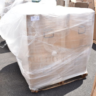 Pallet with 8 boxes of 32 oz white jars, labeled 32-120-WPP, wrapped in plastic, slight scratch and dent condition.