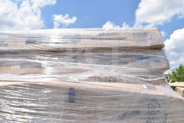 15 brand new scratch and dent butcher block tabletops wrapped in plastic. Labels show dimensions and origin.