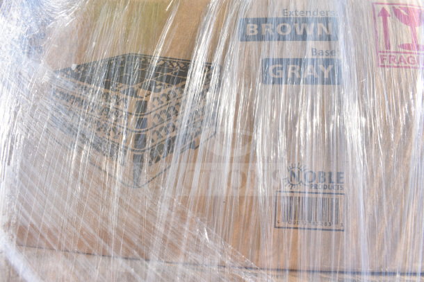 Pallet with 15 brand new, scratch and dent butcher block tabletops, wrapped in plastic. Noble Products label visible.