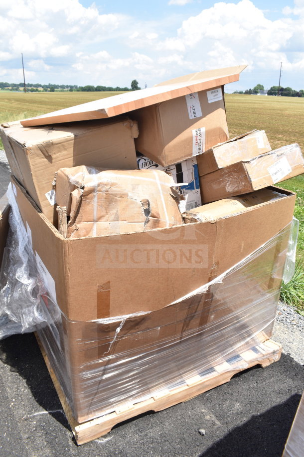 Large pallet of cardboard boxes containing 18 new, scratch and dent items, including mop sink and chafer, wrapped in plastic film.
