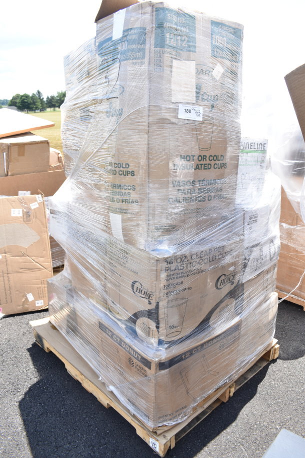 Pallet of 31 scratch and dent items, including cold cups and donut boxes, wrapped in plastic. Brand new condition.