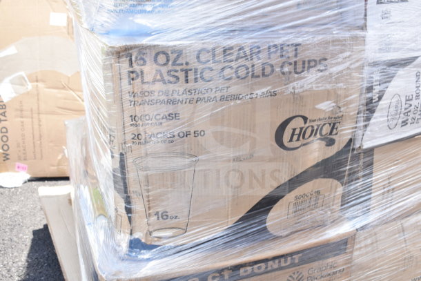 31 brand new scratch and dent items, including Choice 16 oz. PET plastic cold cups, donut boxes, and gloves.