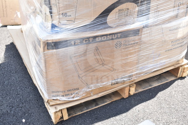 Pallet with boxed items including 12 count donut boxes and 16 oz cold cups. New scratch and dent condition. Wrapped in plastic.