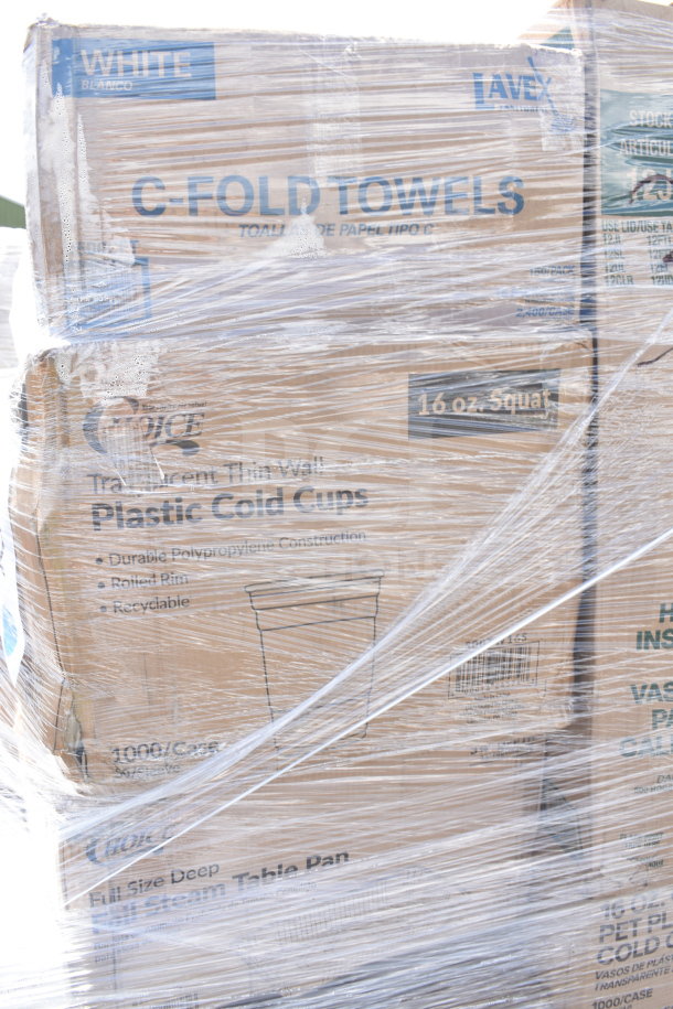 31-pack of new scratch and dent items, including cold cups and donut boxes. Visible labels on boxes.