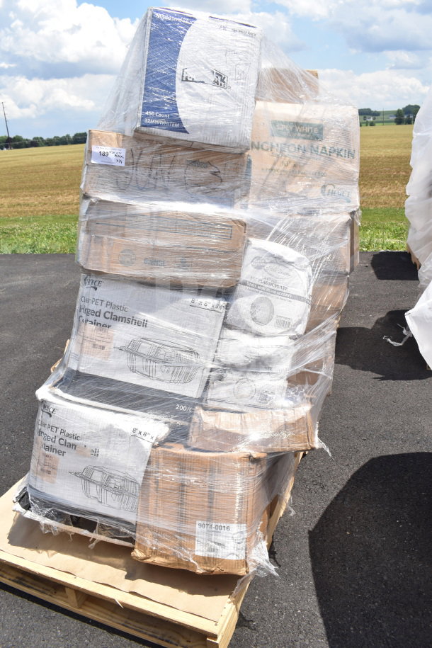 Pallet of 24 brand new scratch and dent items, including clamshell containers, napkins, and plates, sealed in wrapping.