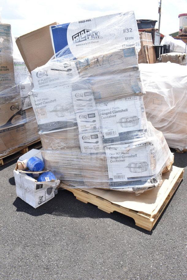 Pallet of assorted new scratch and dent items, including boxes of Fold-Pak containers and Choice clamshells.