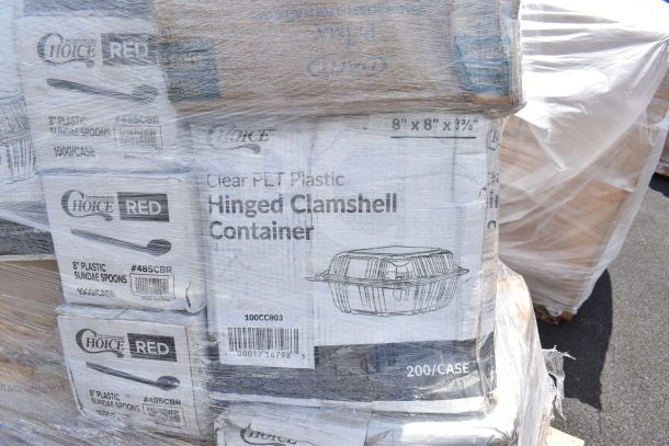 24 new "Choice" clamshell containers and plastic spoons boxed on a pallet. Brand labels and packaging details visible.